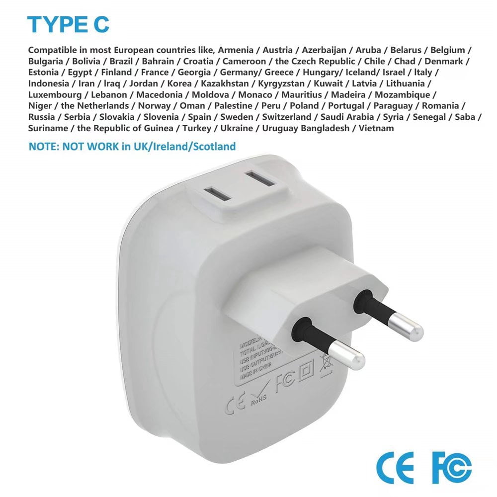 European Travel Plug Adapters, 2 Pack with 2 Outlets, 3 USB and 1 USB-C Port - Image 6