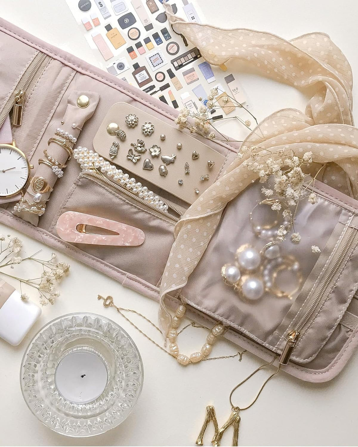 Roll-Up Travel Jewellery Case, Foldable Organiser in Soft Pink, Small - Image 6