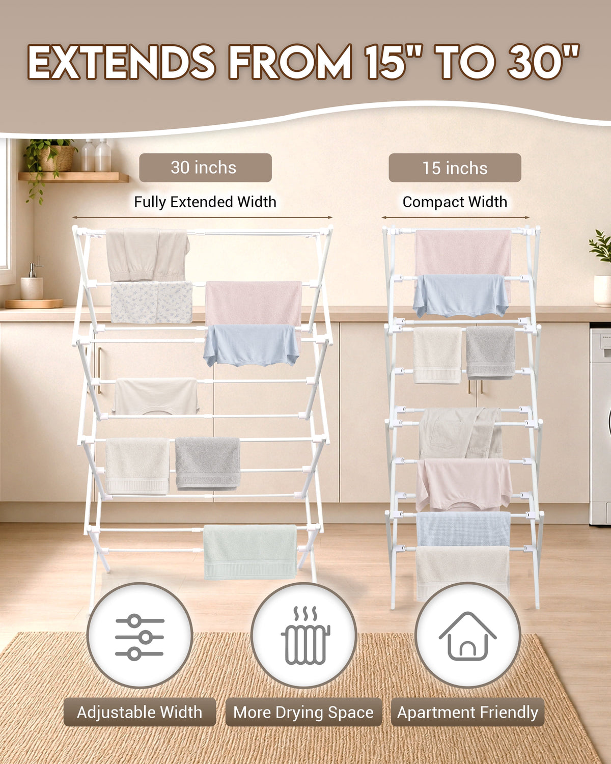 4-Tier Extendable Clothes Airer, 4 ft Foldable Drying Rack in White - Image 6