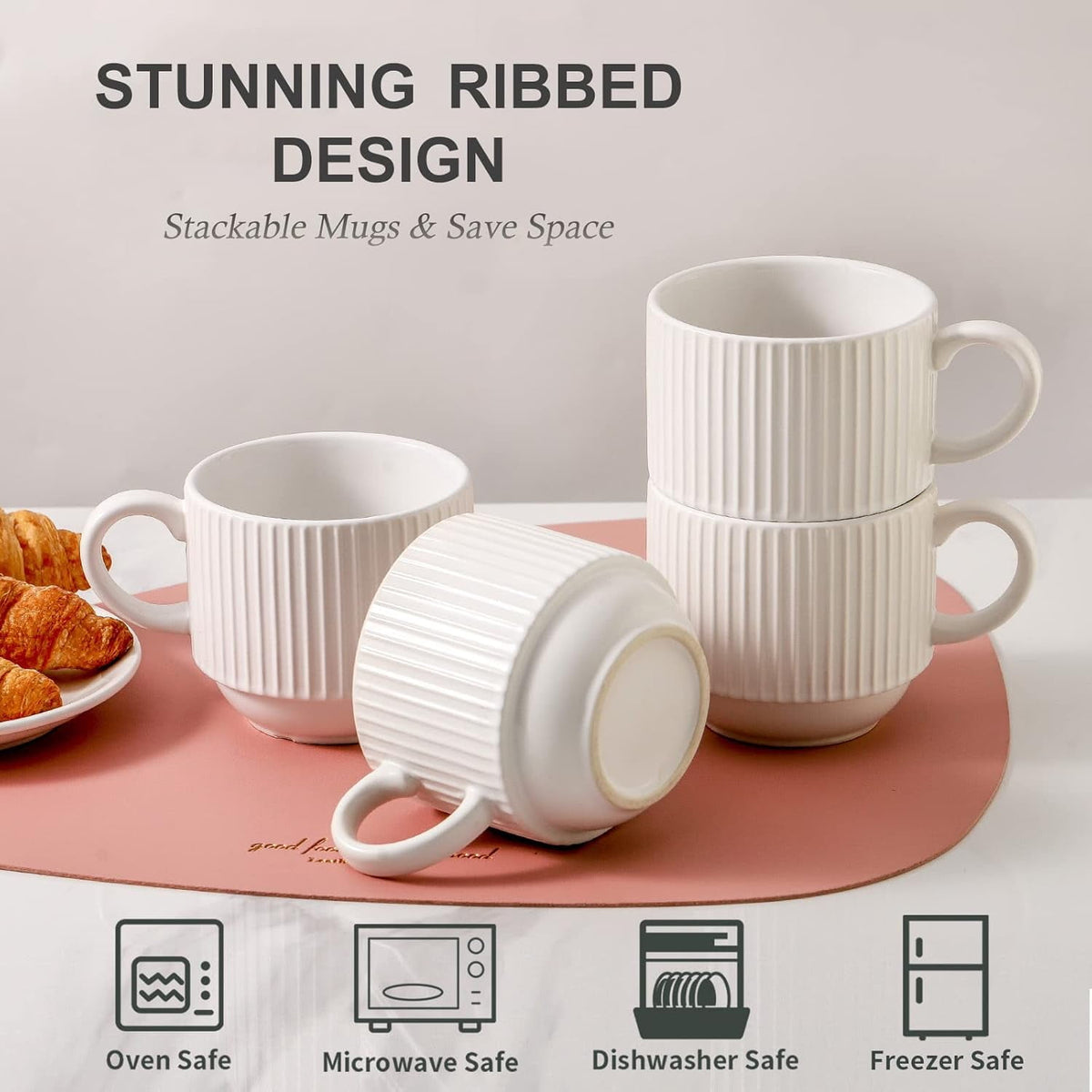 Stackable Ceramic Mugs, Set of 4 with Metal Rack, 15 oz Ribbed Cups in White - Image 6