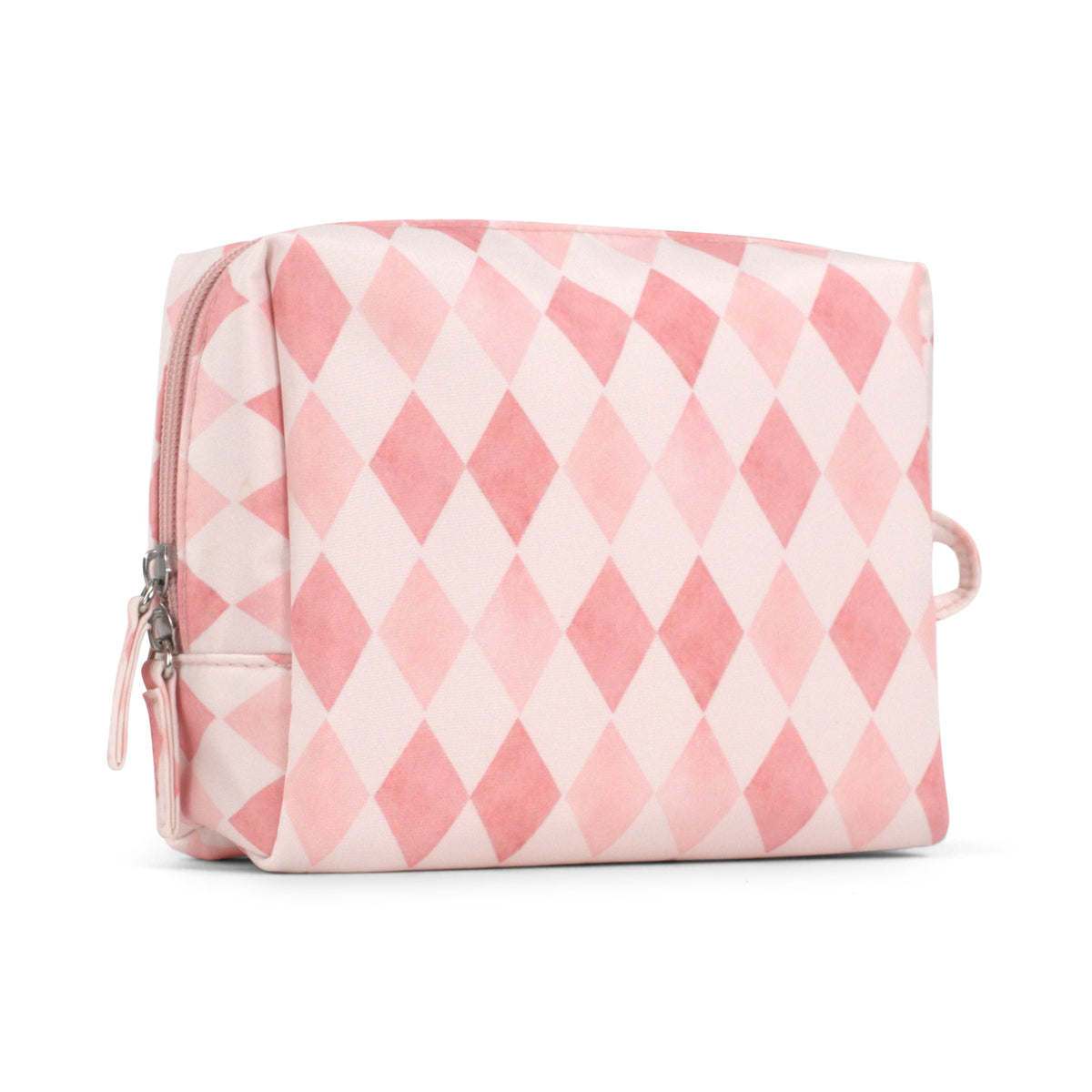 Travel Toiletry and Makeup Pouch, Structured Zip Bag in Pink Harlequin Print