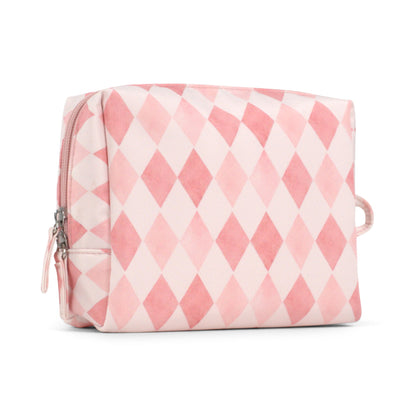 Travel Toiletry and Makeup Pouch, Structured Zip Bag in Pink Harlequin Print