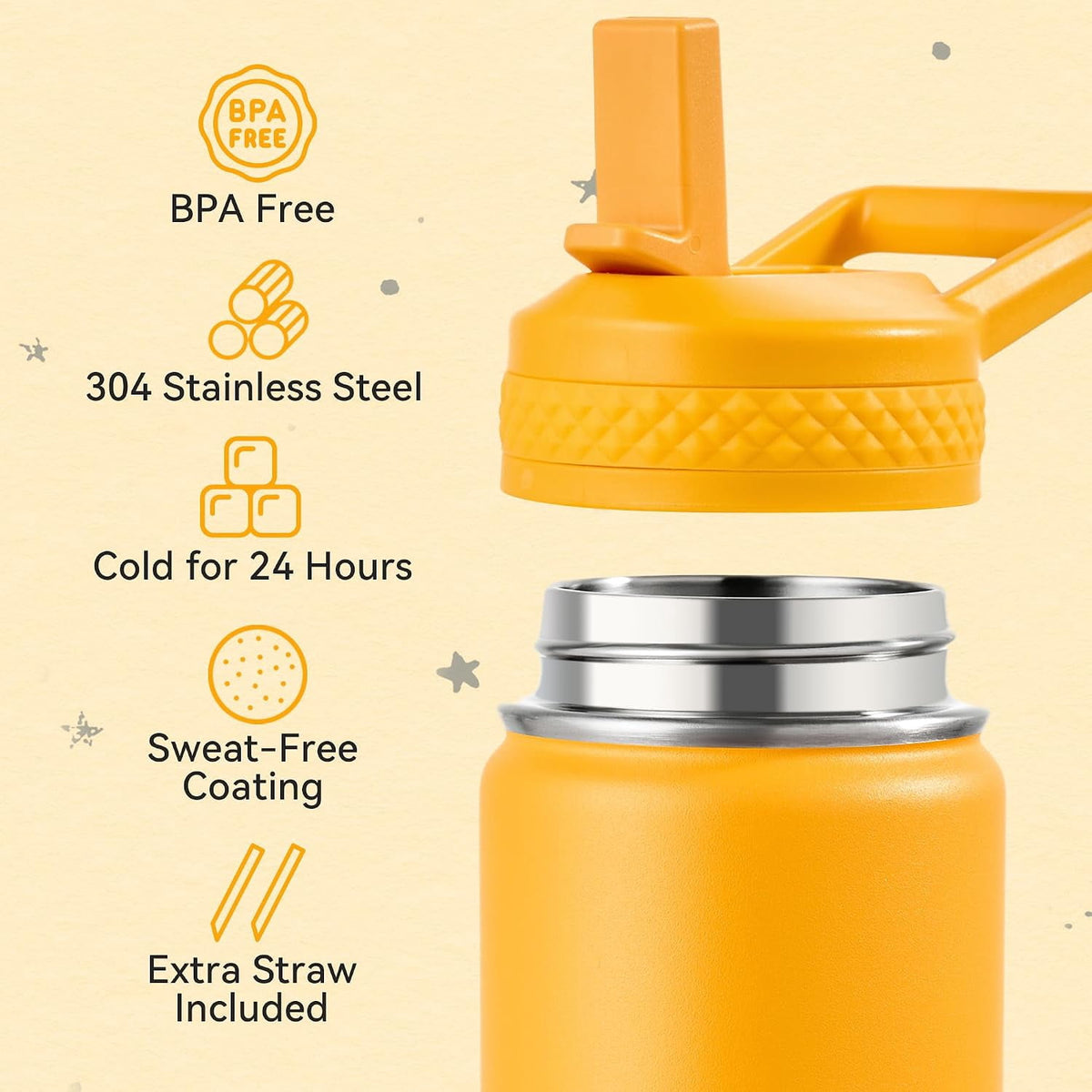 12 oz Kids Water Bottle with Straw, Insulated Stainless Steel in Orange - Image 3