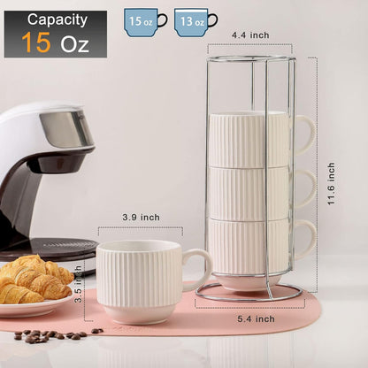 Stackable Ceramic Mugs, Set of 4 with Metal Rack, 15 oz Ribbed Cups in White - Image 3