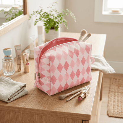 Travel Toiletry and Makeup Pouch, Structured Zip Bag in Pink Harlequin Print - Image 2