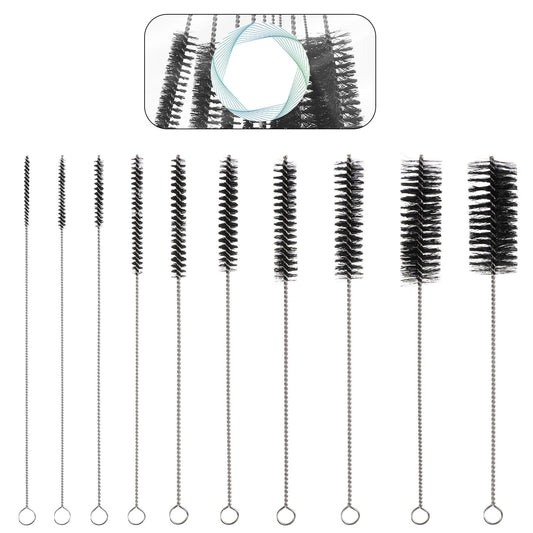 Straw Cleaning Brush Set of 10, Nylon Bristles on Stainless Wire Handles