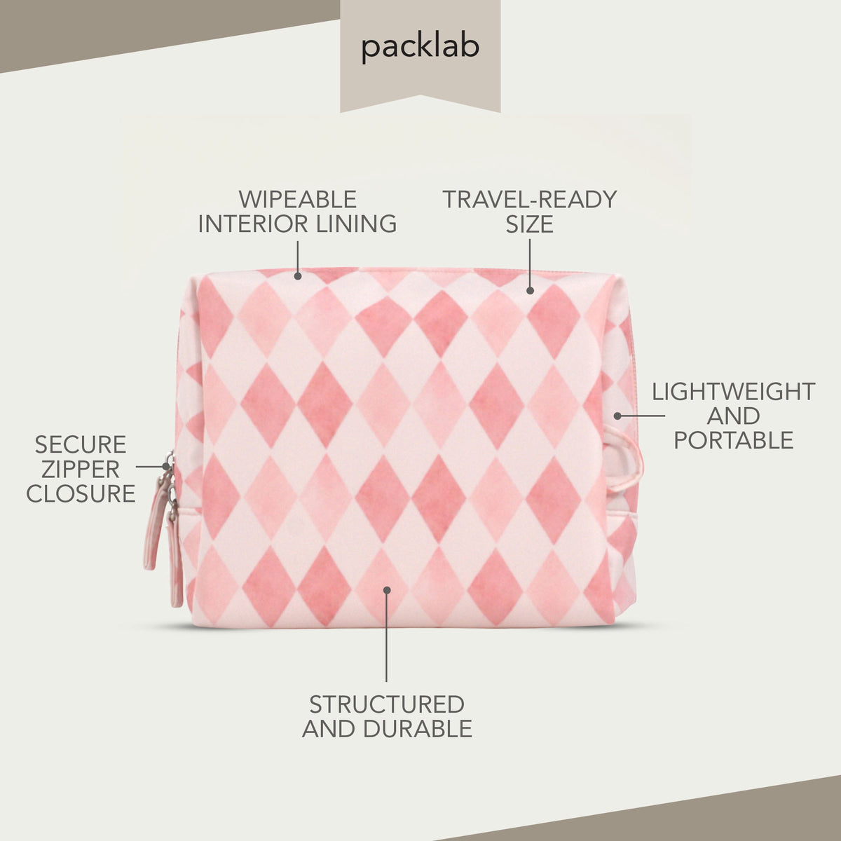 Travel Toiletry and Makeup Pouch, Structured Zip Bag in Pink Harlequin Print - Image 3