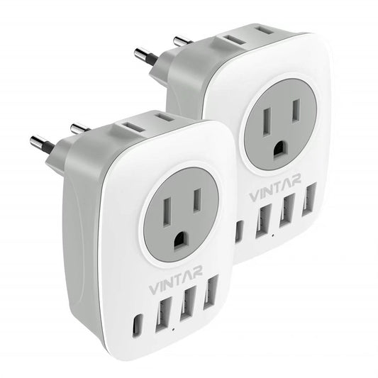European Travel Plug Adapters, 2 Pack with 2 Outlets, 3 USB and 1 USB-C Port