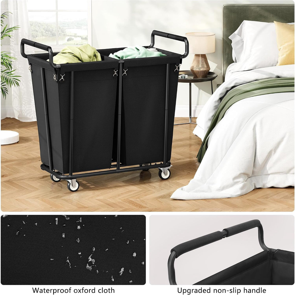 Rolling Laundry Hamper with Two 180 L Sections, 360 L Sorter Cart in Black - Image 4