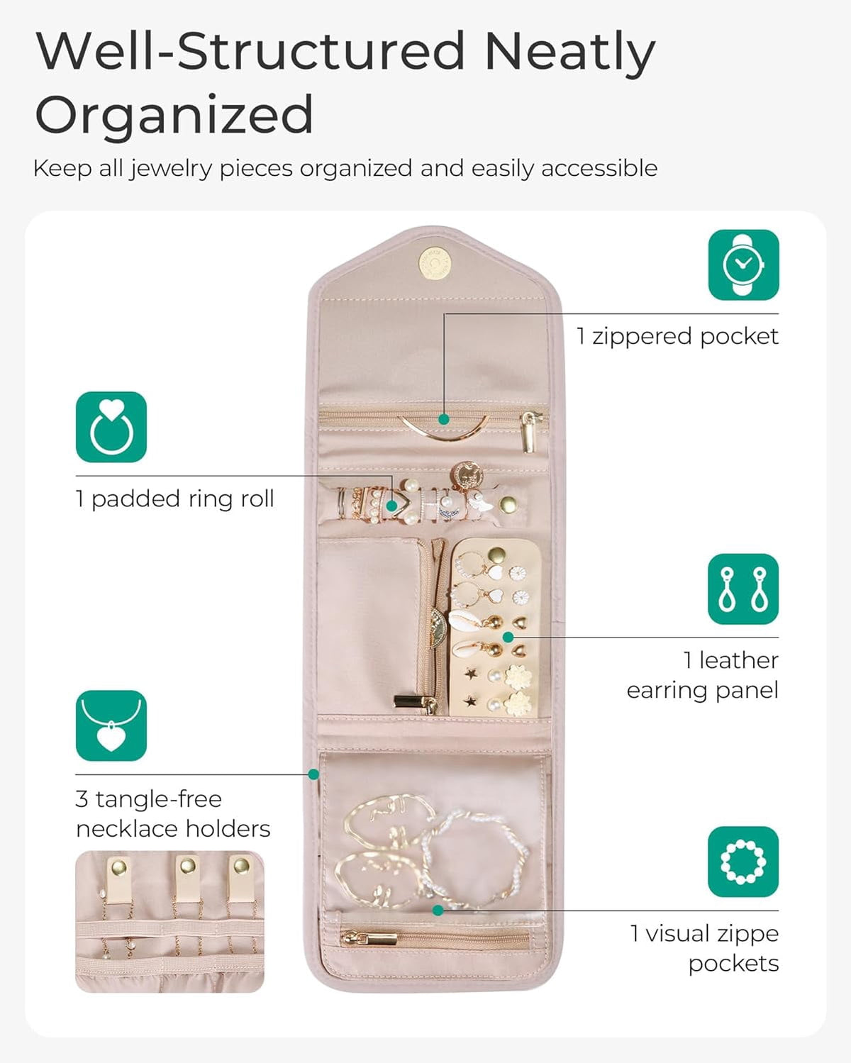 Roll-Up Travel Jewellery Case, Foldable Organiser in Soft Pink, Small - Image 2