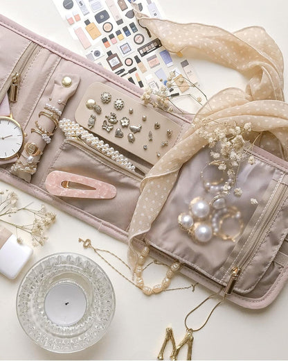 Roll-Up Travel Jewellery Case, Foldable Organiser in Soft Pink, Small - Image 6