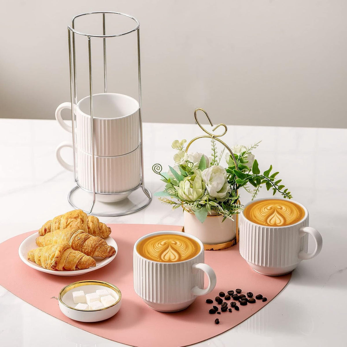 Stackable Ceramic Mugs, Set of 4 with Metal Rack, 15 oz Ribbed Cups in White - Image 4