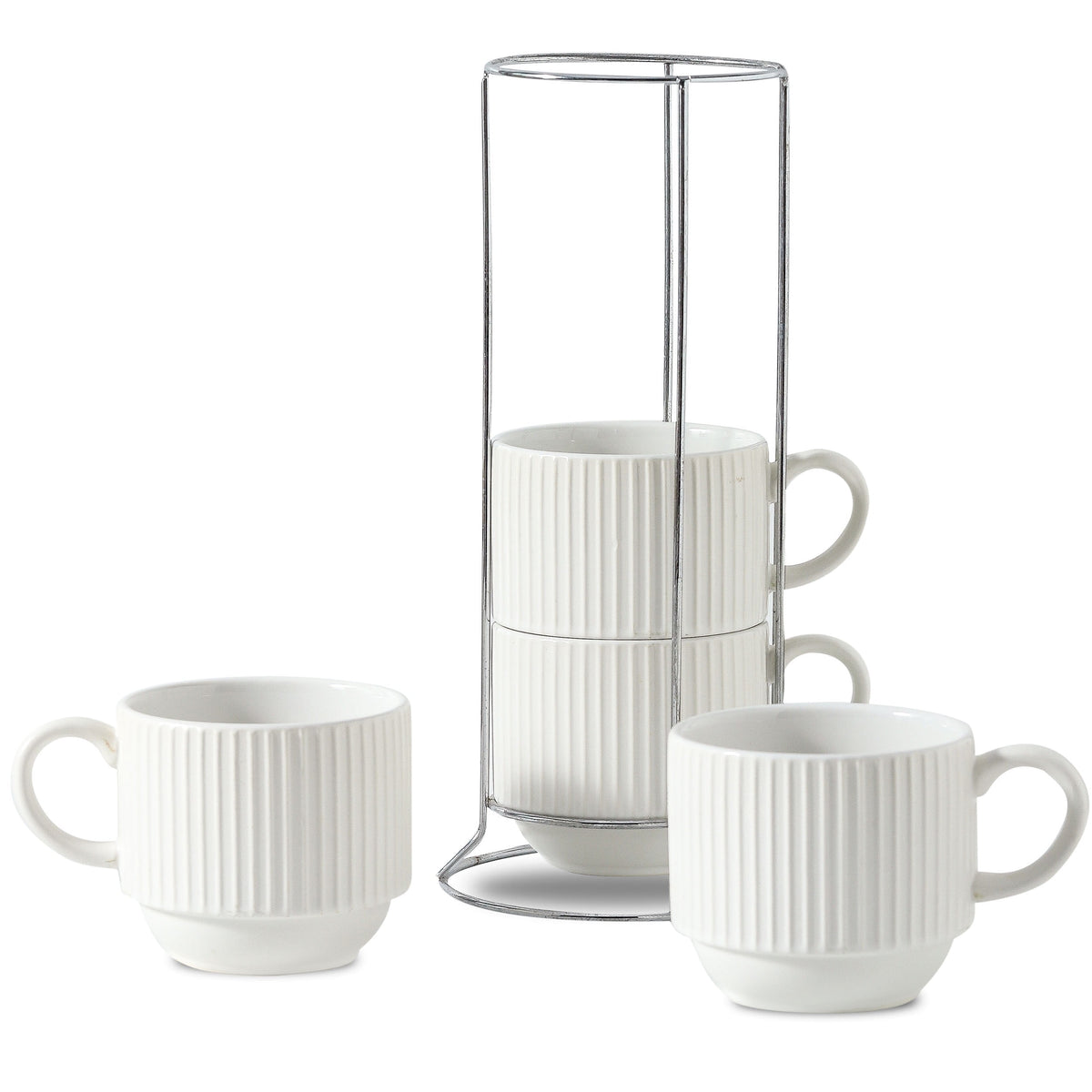 Stackable Ceramic Mugs, Set of 4 with Metal Rack, 15 oz Ribbed Cups in White