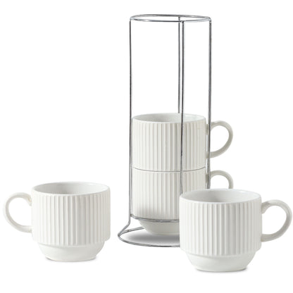 Stackable Ceramic Mugs, Set of 4 with Metal Rack, 15 oz Ribbed Cups in White