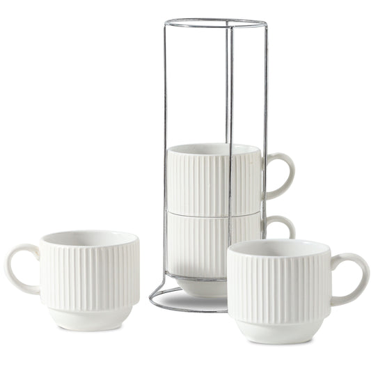 Stackable Ceramic Mugs, Set of 4 with Metal Rack, 15 oz Ribbed Cups in White