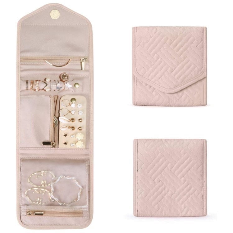 Roll-Up Travel Jewellery Case, Foldable Organiser in Soft Pink, Small