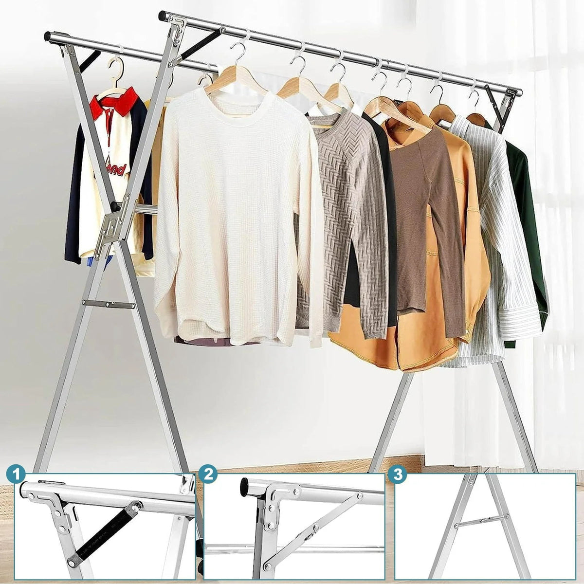 79 inch Foldable Clothes Drying Rack, Stainless Steel with 20 Windproof Hooks - Image 4