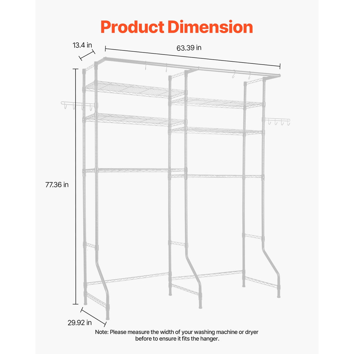 Over-Washer Storage Shelf, 6 Level Laundry Rack with Hanging Rod and Hooks - Image 4
