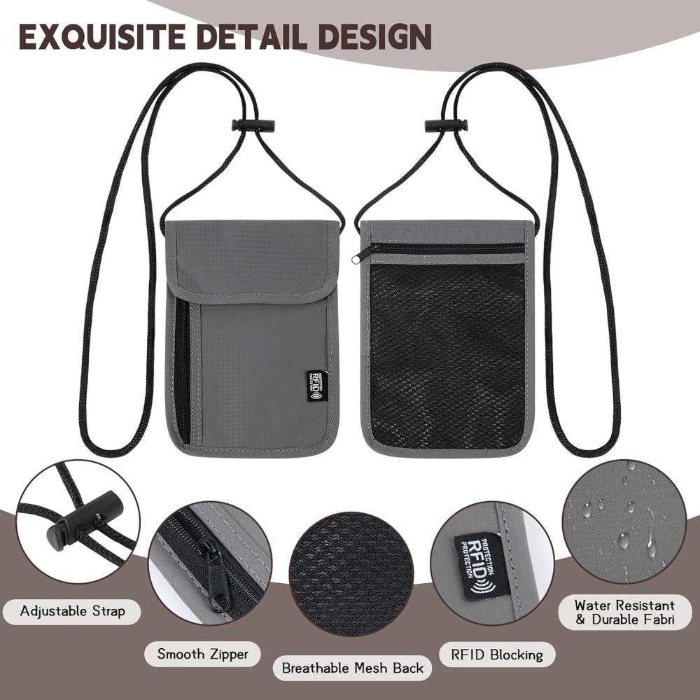 Travel Neck Pouch with Card Shielding, Water-Resistant Ripstop Document Wallet - Image 3