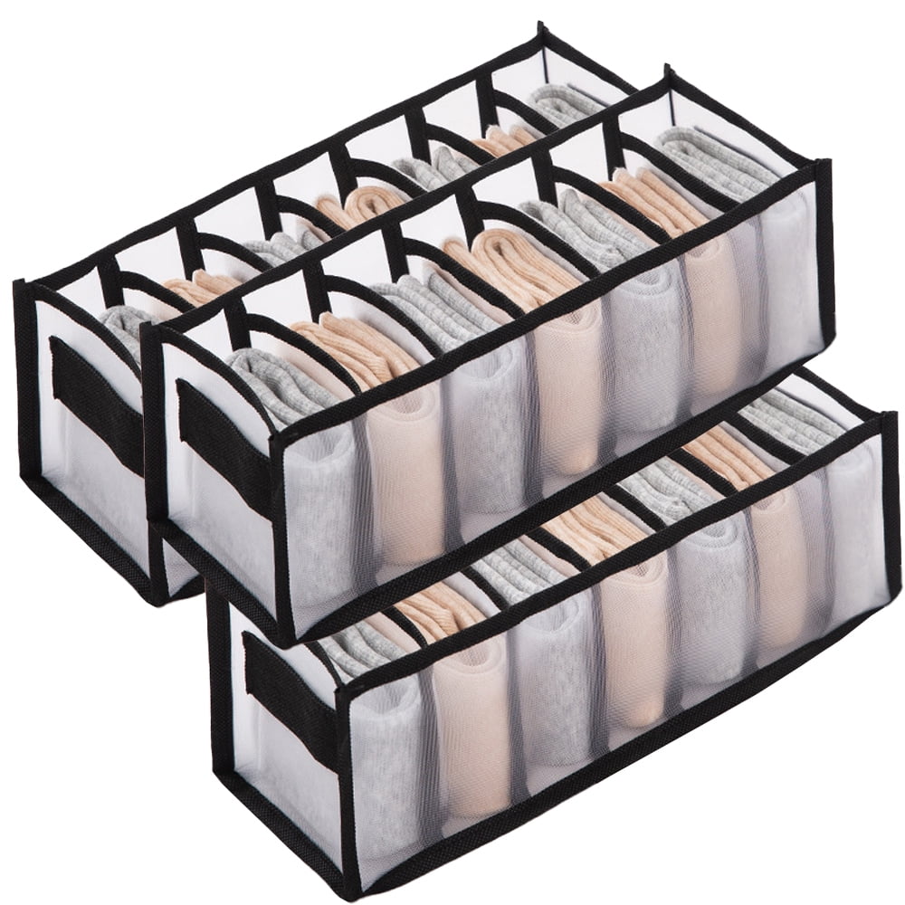 Sock and Underwear Drawer Organisers, Set of 3 Mesh Dividers with 7 Cells Each