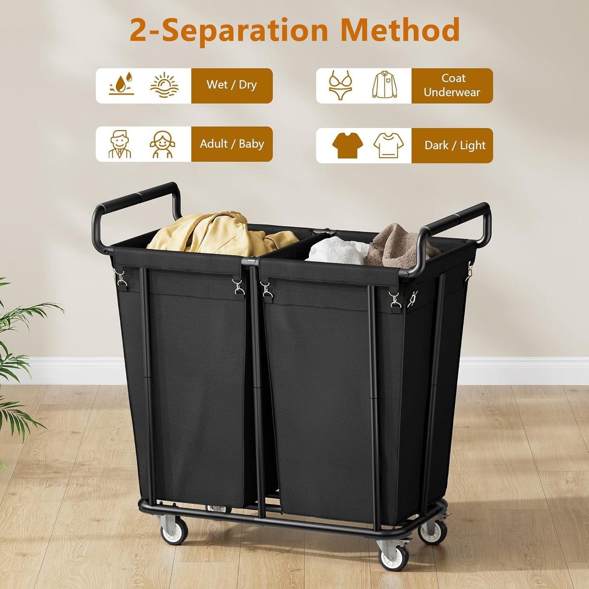 Rolling Laundry Hamper with Two 180 L Sections, 360 L Sorter Cart in Black - Image 2