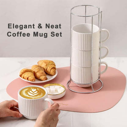 Stackable Ceramic Mugs, Set of 4 with Metal Rack, 15 oz Ribbed Cups in White - Image 2