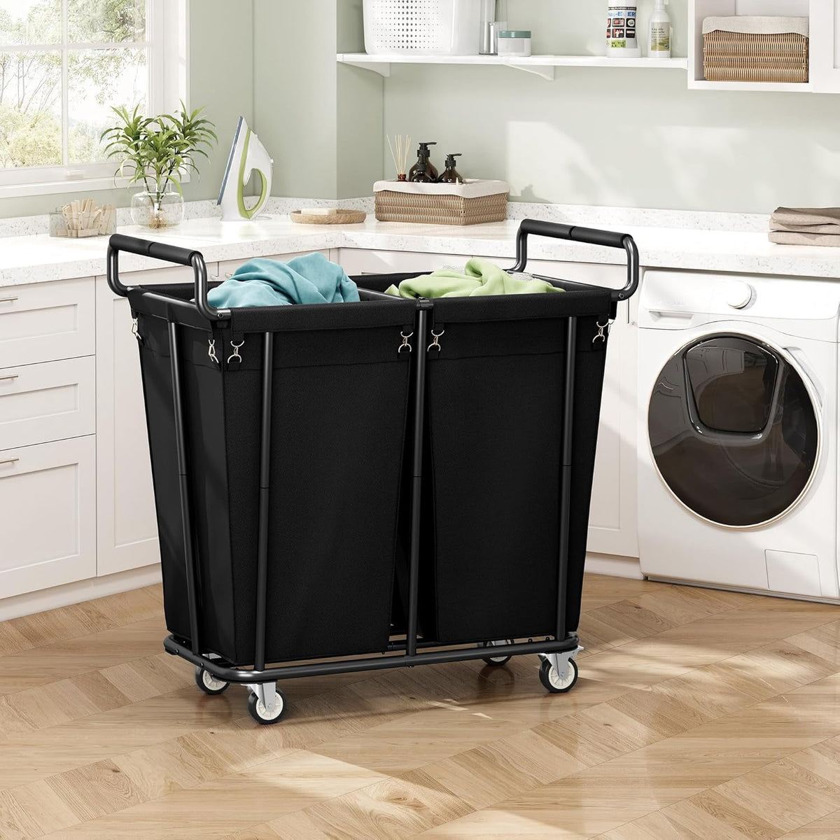 Rolling Laundry Hamper with Two 180 L Sections, 360 L Sorter Cart in Black - Image 6