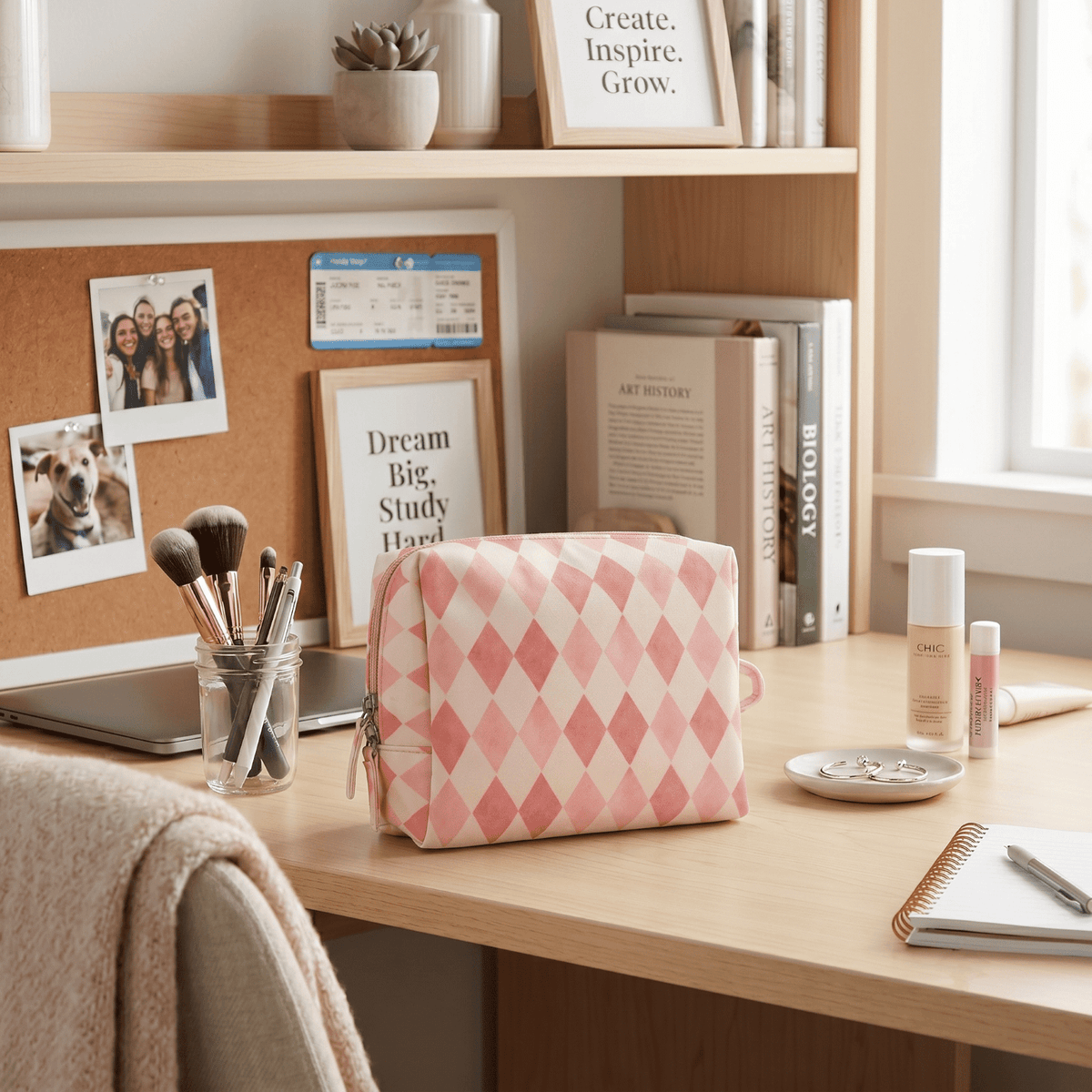 Travel Toiletry and Makeup Pouch, Structured Zip Bag in Pink Harlequin Print - Image 6