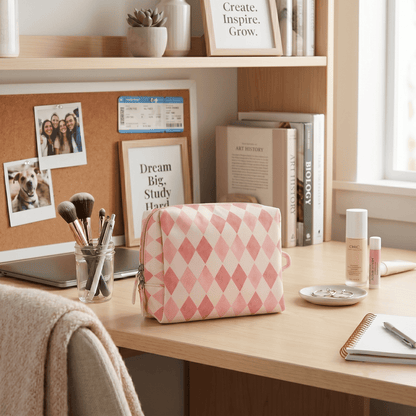 Travel Toiletry and Makeup Pouch, Structured Zip Bag in Pink Harlequin Print - Image 6