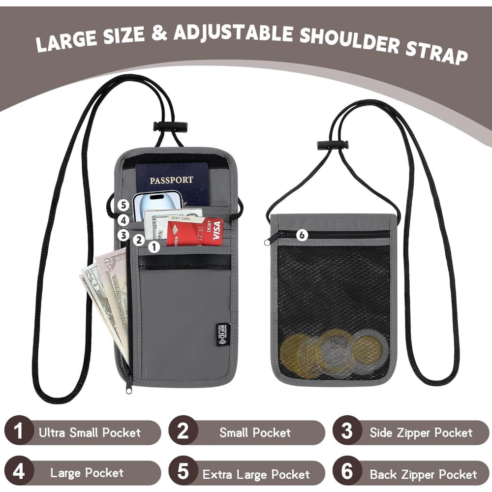 Travel Neck Pouch with Card Shielding, Water-Resistant Ripstop Document Wallet - Image 4