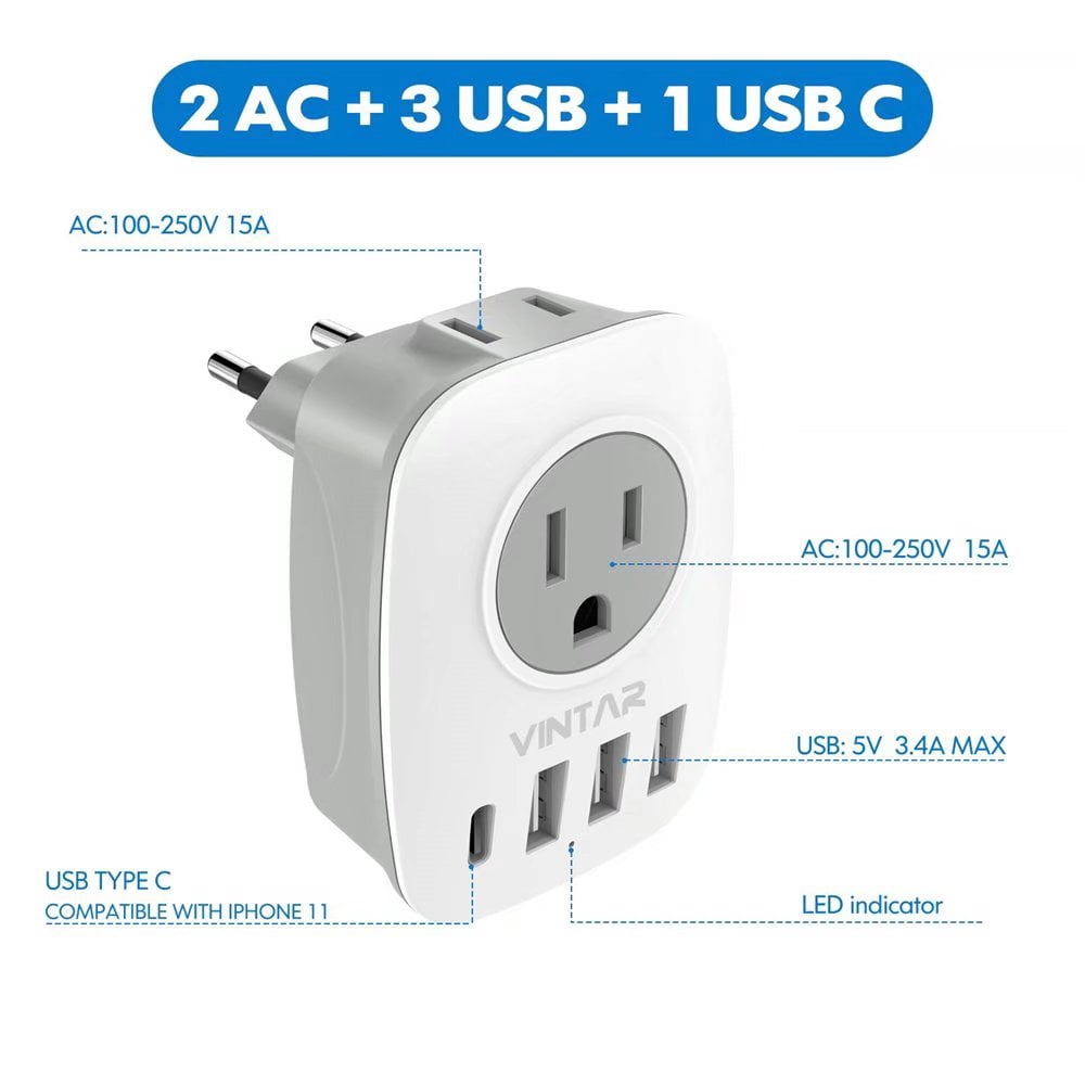 European Travel Plug Adapters, 2 Pack with 2 Outlets, 3 USB and 1 USB-C Port - Image 4
