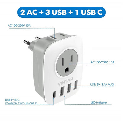 European Travel Plug Adapters, 2 Pack with 2 Outlets, 3 USB and 1 USB-C Port - Image 4