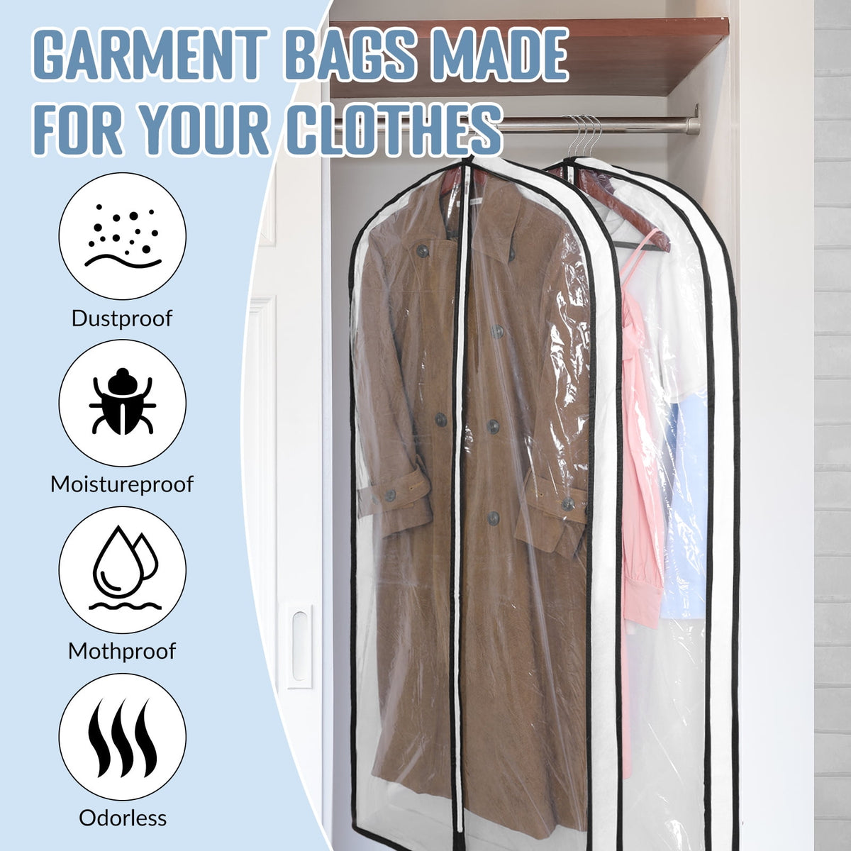 60 inch Hanging Garment Bags, 2 Pack Clear Covers with 4 inch Gusset - Image 2