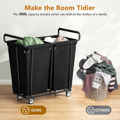Rolling Laundry Hamper with Two 180 L Sections, 360 L Sorter Cart in Black - Image 3